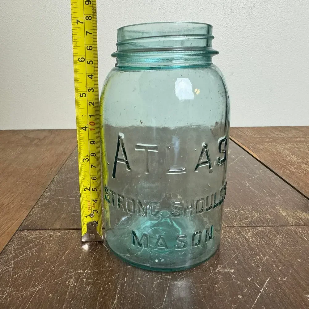 Vintage Atlas Strong Shoulder Mason Jar Aqua Blue Glass‎ 1 Quart Hazel-Atlas